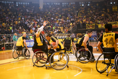 Thessaloniki, Greece - February 28, 2016: unidentified people play a friendly game of wheelchair basketball at Nick Galis stadiumのeditorial素材