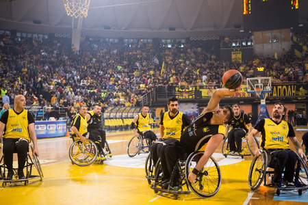 Thessaloniki, Greece - February 28, 2016: unidentified people play a friendly game of wheelchair basketball at Nick Galis stadiumのeditorial素材