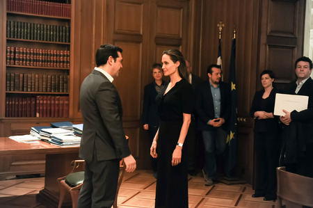 Athens, Greece - March 16, 2016: Special envoy of the United Nations High Commissioner for Refugees Angelina Jolie (R) during a meeting with Greek Prime Minister Alexis Tsiprasのeditorial素材
