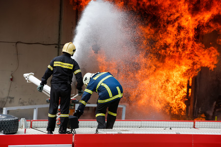 Aspopirgos, Greece - March 28, 2016: Firefighters struggle to extinguish the fire that broke out at a paint factoryのeditorial素材