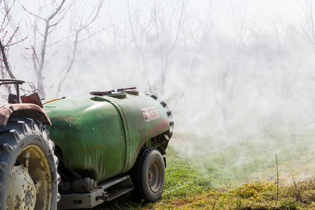 Veria, Greece - March 19, 2016: Farmer with tractor using a air blast sprayer with a chemical insecticide or fungicide in the orchard of peach trees in northern Greeceのeditorial素材
