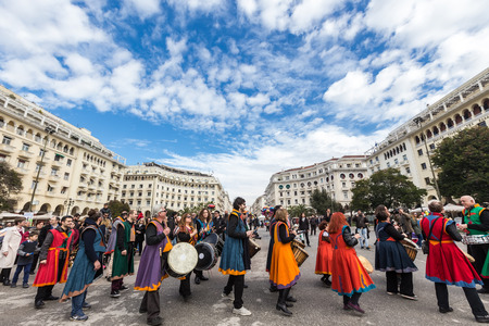 Thessaloniki, Greece - February 14, 2016: Drummers and musicians playing traditional music at Aristotelous square at Thessaloniki. Photos taken with slow shutter speed.のeditorial素材