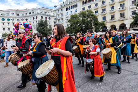 Thessaloniki, Greece - February 14, 2016: Drummers and musicians playing traditional music at Aristotelous square at Thessaloniki. Photos taken with slow shutter speed.のeditorial素材