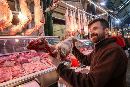 Thessaloniki, Greece - April 24, 2016: Butcher shop at Vlali Market in Thessaloniki. Vlali Market is the oldest traditional market and meeting place for many peopleのeditorial素材