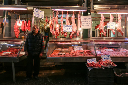 Thessaloniki, Greece - April 24, 2016: Butcher shop at Vlali Market in Thessaloniki. Vlali Market is the oldest traditional market and meeting place for many peopleのeditorial素材