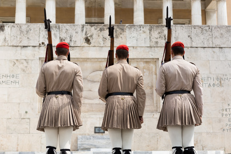 Athens, Greece - September 8, 2015: The Changing of the Guard ceremony takes place in front of the Greek Parliament Buildingのeditorial素材