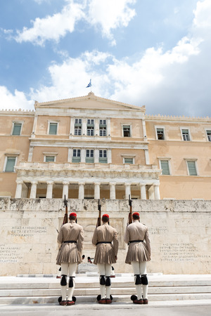 Athens, Greece - September 8, 2015: The Changing of the Guard ceremony takes place in front of the Greek Parliament Buildingのeditorial素材