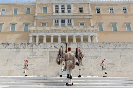 Athens, Greece - September 8, 2015: The Changing of the Guard ceremony takes place in front of the Greek Parliament Buildingのeditorial素材