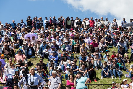 Serres, Greece - May, 15 2016: Crowds watch reenactment of the Roupel fort battle during the 2nd World War between German and Greek army at Greek-Bulgarian borderのeditorial素材