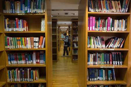 Thessaloniki, Greece - May 12, 2016: Books on the shelves of the Library of University of...