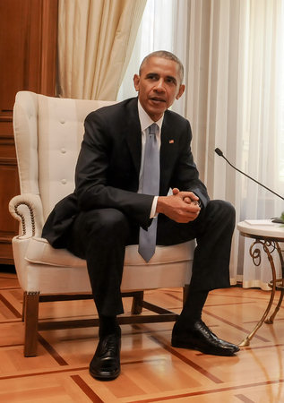 Athens, Greece, November 15, 2016: U.S. President Barack Obama during of meeting with the Greek Prime Minister Alexis Tsipras, with at Maximos Mansion in Athensのeditorial素材