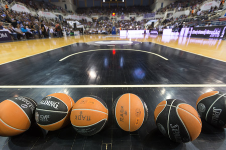 Thessaloniki, Greece - September 8, 2016: Basketball balls stacked prior to the friendly match PAOK...