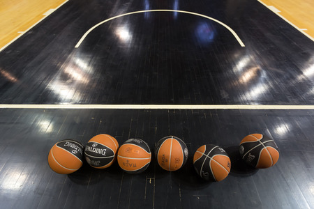 Thessaloniki, Greece - September 8, 2016: Basketball balls stacked prior to the friendly match PAOK vs CSKA Moscowのeditorial素材