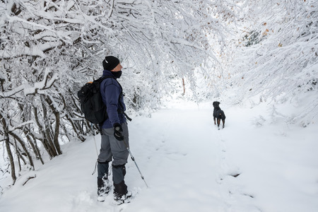 Thessaloniki, Greece - November 30, 2016: unknown man party with his dog walking in a snowy landscape in northern Greeceのeditorial素材