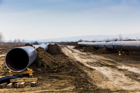 Construction of gas pipeline Trans Adriatic Pipeline - TAP in north Greece. The pipeline starts from the Caspian sea and reaches the coast of southern Italyの写真素材