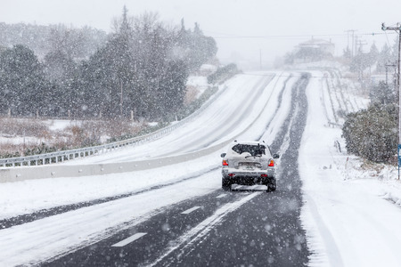 Thessaloniki, Greece - January 10, 2017: Heavy Snow on the national road Thessaloniki to Halkidikiのeditorial素材