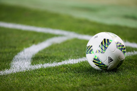Thessaloniki, Greece - August 25, 2016: Closeup of soccer ball at the corner of the field during a match for the Greek leagueのeditorial素材