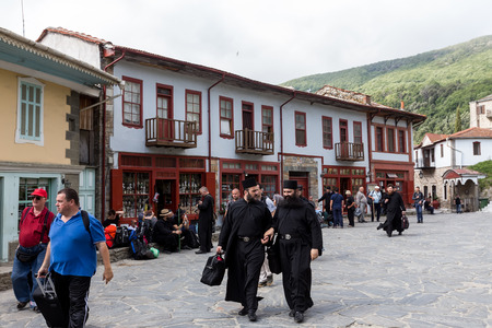 Mount Athos, Greece - July 5, 2016: Monks and believers in Karyes Mount Athos. Karyes is the capital of Mount Athos monastic community.のeditorial素材