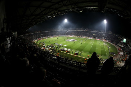 Thessaloniki, Greece, February 16, 2017: View of the Toumba Stadium full of fans of PAOK during the UEFA Europa League match between PAOK vs Schalke played at Toumba Stadiumのeditorial素材