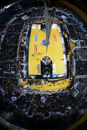 Thessaloniki, Greece, February 5, 2017: the stadium from above with fans during the Greek Basket League game Paok vs Aris at PAOK sports arena.のeditorial素材