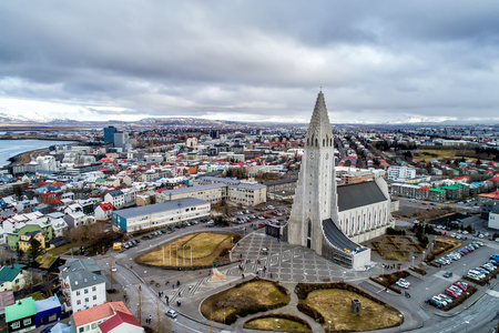 Reykjavik, Iceland - April 1, 2017: Aerial view of famous Hallgrimskirkja Cathedral and the city of Reykjavik in Iceland. Image taken with action drone cameraのeditorial素材