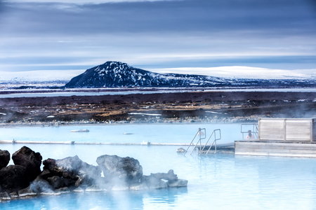 View of the Myvatn Naturebaths, a geothermal hot lagoon in Northeast Icelandのeditorial素材