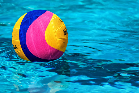 Thessaloniki, Greece May 4, 2017 : A water polo ball floating on the water in a pool during the Greek League water polo game PAOK vs Glifadaのeditorial素材