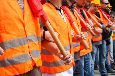 Thessaloniki, Greece - May 17, 2017: Protesters  during a national general strike in Thessaloniki. Greek workers have left work across the country on wednesday for a general strike against austerityのeditorial素材