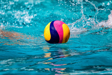 Thessaloniki, Greece May 4, 2017 : A water polo ball floating on the water in a pool during the Greek League water polo game PAOK vs Glifadaのeditorial素材