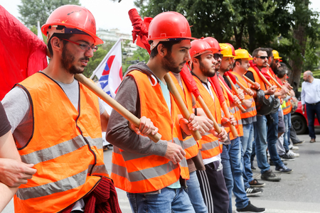 Thessaloniki, Greece - May 17, 2017: Protesters  during a national general strike in Thessaloniki. Greek workers have left work across the country on wednesday for a general strike against austerityのeditorial素材