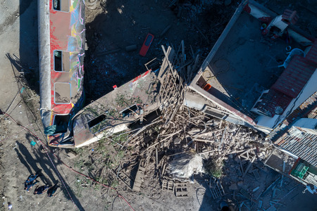 Thessaloniki, Greece - May 14, 2017: Train accident at Adendro, almost 40km west of Thessaloniki, with two confirmed dead among the passengers. The train crashed into a house after derailing.のeditorial素材