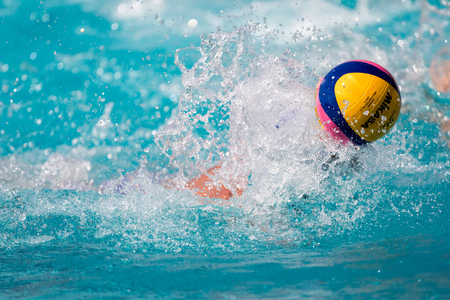 Thessaloniki, Greece May 4, 2017 : Close-up on a hand holding the water polo ball during the Greek League water polo game PAOK vs Glifadaのeditorial素材