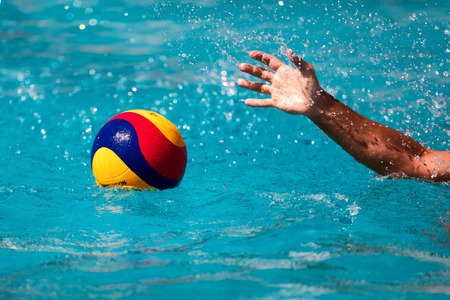 Thessaloniki, Greece May 4, 2017 : Close-up on a hand holding the water polo ball during the Greek League water polo game PAOK vs Glifadaのeditorial素材