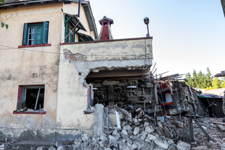 Thessaloniki, Greece - May 14, 2017: Train accident at Adendro, almost 40km west of Thessaloniki, with two confirmed dead among the passengers. The train crashed into a house after derailing.のeditorial素材