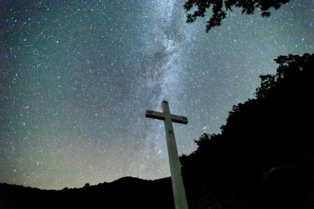 Milky Way over the Meteora, Greece. long exposure; Image contain noise, blur due to slow shutter speed.の写真素材