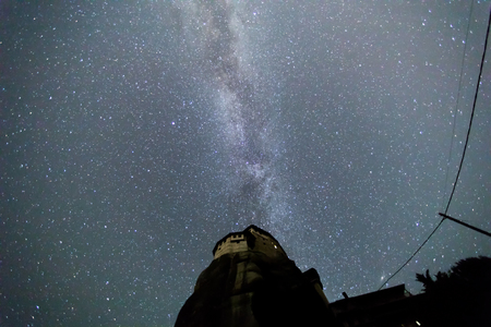 Milky Way over the Meteora, Greece. long exposure; Image contain noise, blur due to slow shutter speed.の写真素材