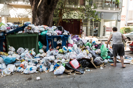 Thessaloniki, Greece - June 28, 2017: The streets of Thessaloniki are filled with rubbish due to workers' strike in garbage collectionのeditorial素材