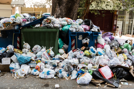 Thessaloniki, Greece - June 28, 2017: The streets of Thessaloniki are filled with rubbish due to workers' strike in garbage collectionのeditorial素材