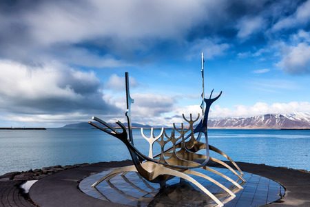 Reykjavik, Iceland - April 1, 2017: The Sun Voyager (Solfar) sculpture by Jon Gunnar Arnason on the water seafront in Reykjavik, Iceland.のeditorial素材