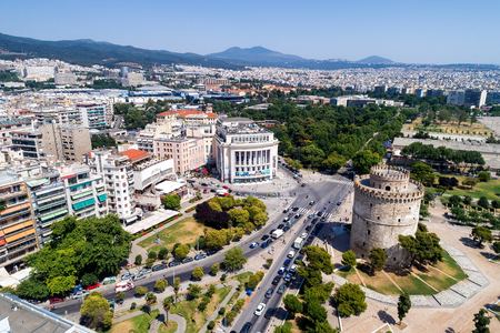 Thessaloniki, Greece - June 29, 2017: Aerial photography of the famous white tower in the city of Thessaloniki in northern Greece. Image taken with action drone cameraのeditorial素材