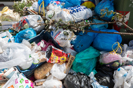 Thessaloniki, Greece - June 28, 2017: The streets of Thessaloniki are filled with rubbish due to workers' strike in garbage collectionのeditorial素材