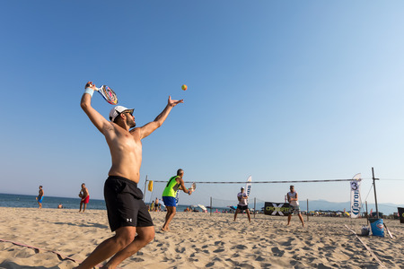 Xanthi, Greece - July 9, 2017: unidentified players during the 1st white beach tennis tournament for the local championship on the Erasmus Beach in Xanthiのeditorial素材