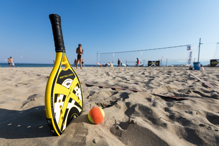 Xanthi, Greece - July 9, 2017: unidentified players during the 1st white beach tennis tournament for the local championship on the Erasmus Beach in Xanthi. selective focusのeditorial素材