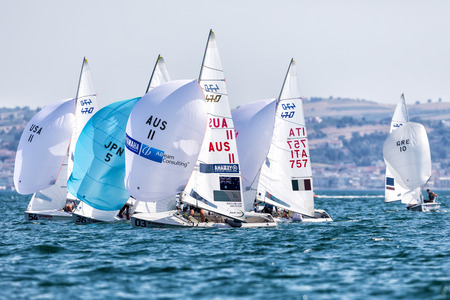 Thessaloniki, Greece - July 12, 2017: Athletes yachts in action during 2017 Men's 470 World...