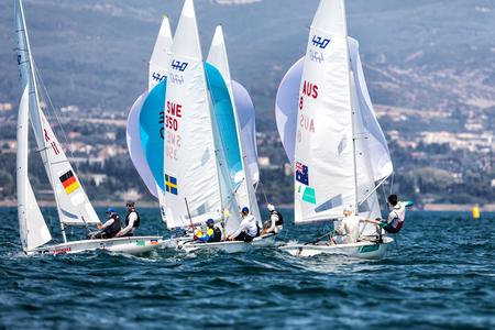 Thessaloniki, Greece - July 12, 2017: Athletes yachts in action during "2017 Men's 470 World Championship" class sailingのeditorial素材