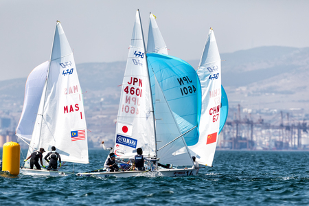 Thessaloniki, Greece - July 12, 2017: Athletes yachts in action during "2017 Men's 470 World Championship" class sailingのeditorial素材