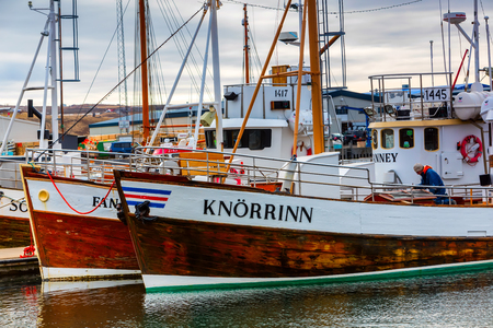 Husavik, Iceland - March 29, 2017: Traditional whale watching boats lying in the harbor of Husavik , northern coast of Icelandのeditorial素材