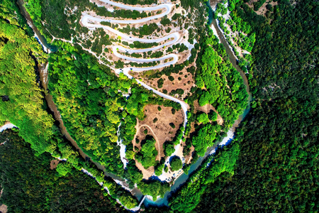 Aerial view of the provincial with many zigzag road in the Epirus Zagorohoria, Greeceの写真素材