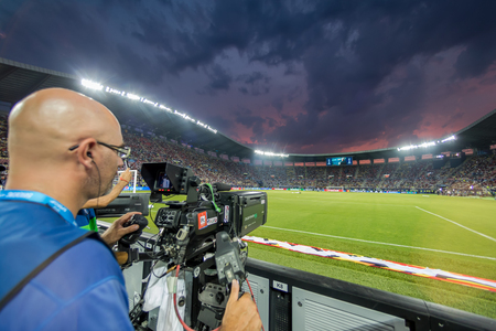 Skopje, FYROM - August 8,2017: TV staff broadcasting during the match UEFA Super Cup final soccer between Real Madrid vs Manchester Unitedのeditorial素材
