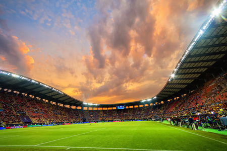 Skopje, FYROM - August 8,2017: Interior view of the full at Philip II Arena Stadium in Skopje during the match UEFA Super Cup final soccer between Real Madrid vs Manchester Unitedのeditorial素材